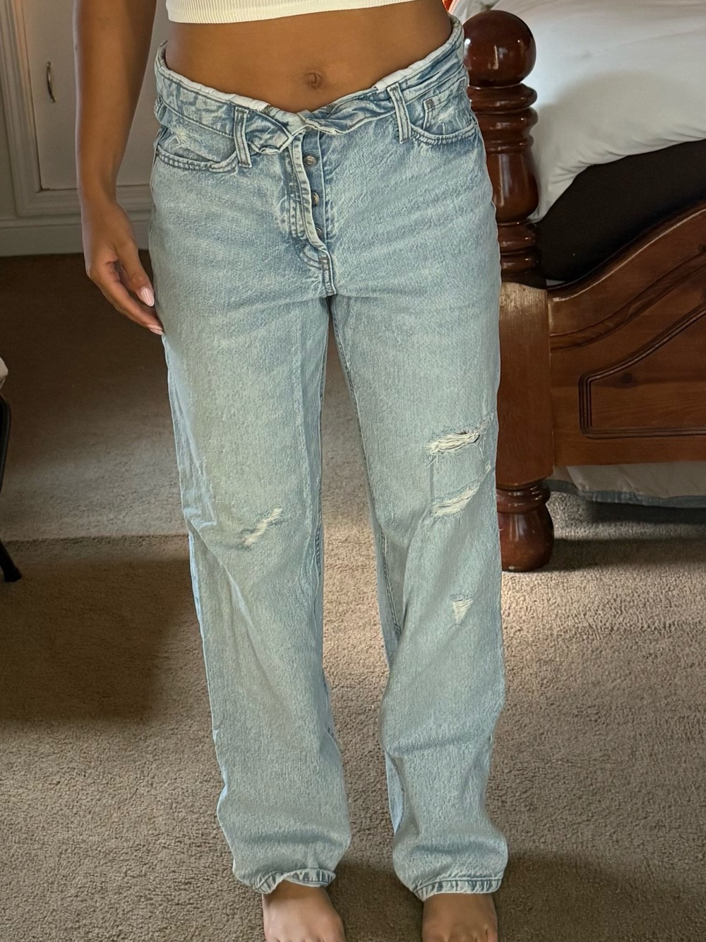 High rise straight leg fold over jeans